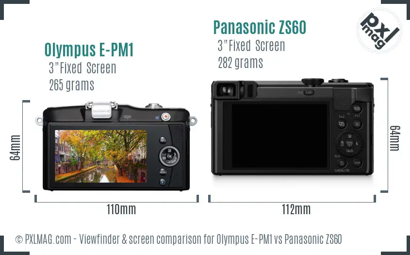 Olympus E-PM1 vs Panasonic ZS60 Screen and Viewfinder comparison