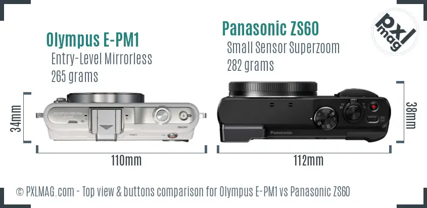 Olympus E-PM1 vs Panasonic ZS60 top view buttons comparison