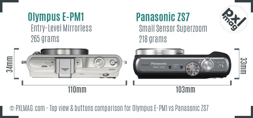 Olympus E-PM1 vs Panasonic ZS7 top view buttons comparison