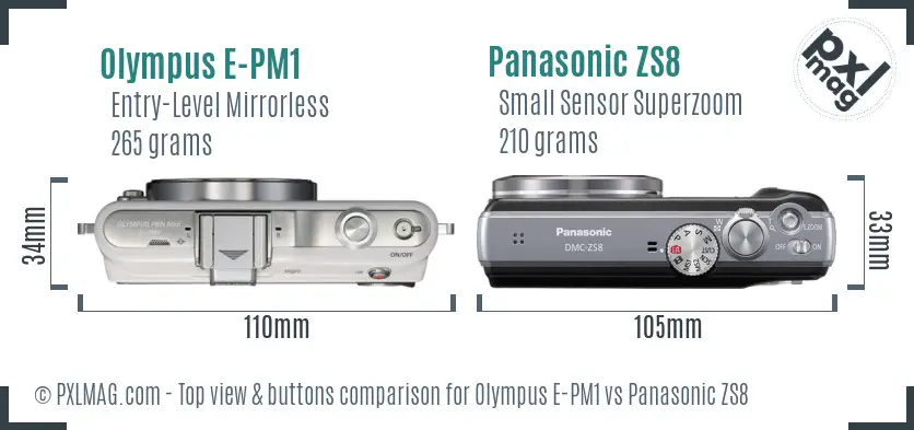 Olympus E-PM1 vs Panasonic ZS8 top view buttons comparison