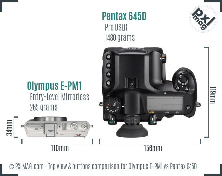 Olympus E-PM1 vs Pentax 645D top view buttons comparison