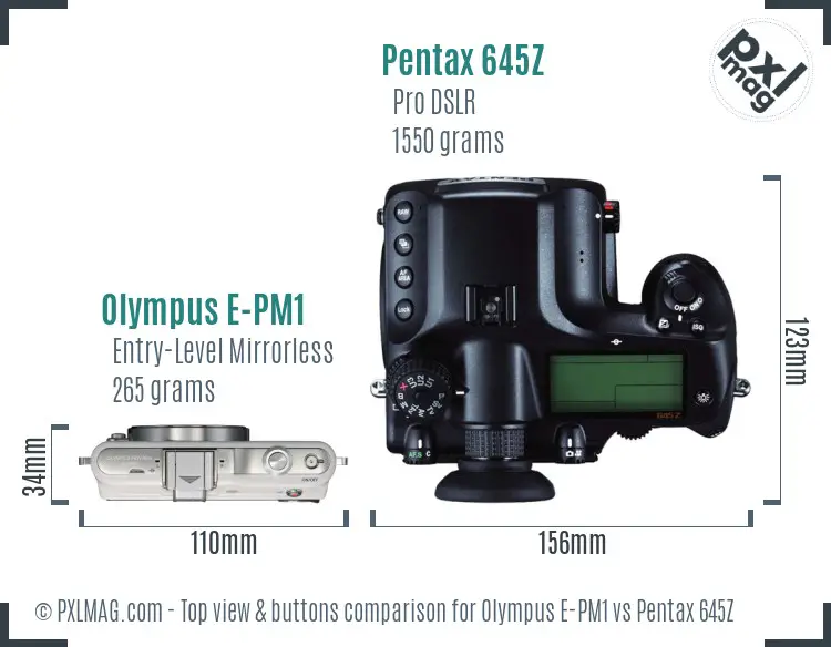 Olympus E-PM1 vs Pentax 645Z top view buttons comparison