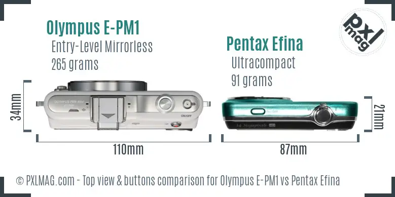 Olympus E-PM1 vs Pentax Efina top view buttons comparison