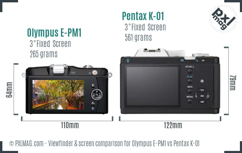 Olympus E-PM1 vs Pentax K-01 Screen and Viewfinder comparison