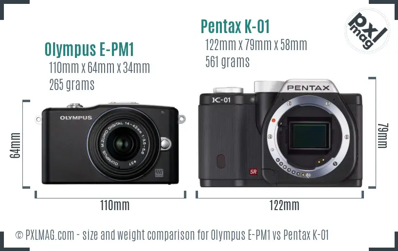 Olympus E-PM1 vs Pentax K-01 size comparison