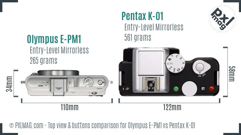 Olympus E-PM1 vs Pentax K-01 top view buttons comparison