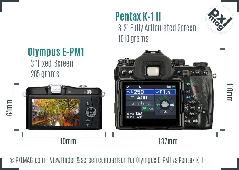 Olympus E-PM1 vs Pentax K-1 II Screen and Viewfinder comparison