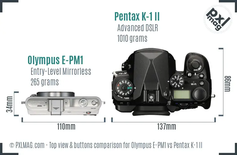 Olympus E-PM1 vs Pentax K-1 II top view buttons comparison
