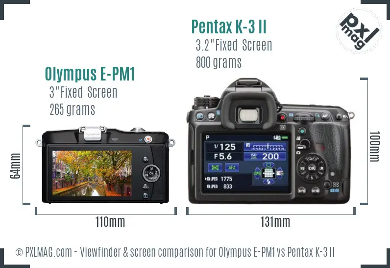 Olympus E-PM1 vs Pentax K-3 II Screen and Viewfinder comparison