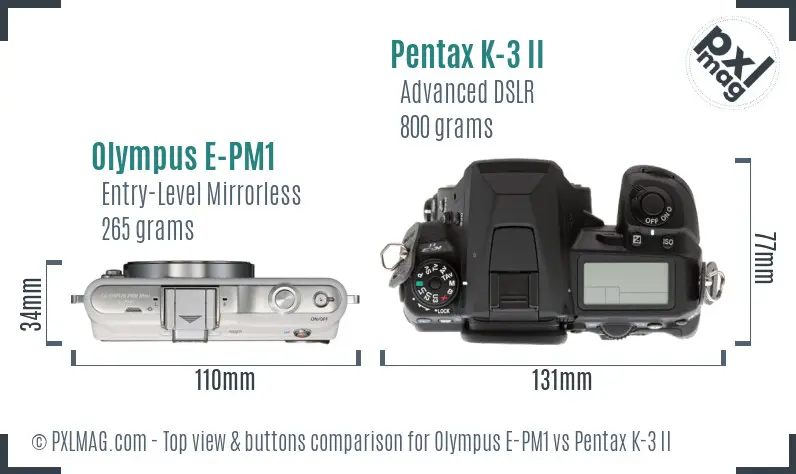 Olympus E-PM1 vs Pentax K-3 II top view buttons comparison