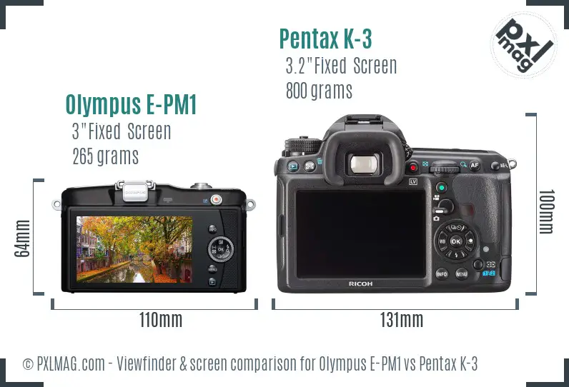 Olympus E-PM1 vs Pentax K-3 Screen and Viewfinder comparison