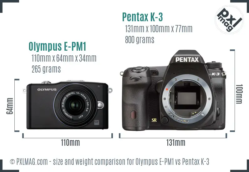 Olympus E-PM1 vs Pentax K-3 size comparison