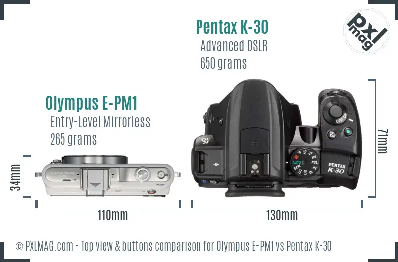 Olympus E-PM1 vs Pentax K-30 top view buttons comparison