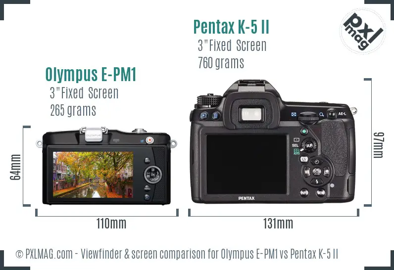 Olympus E-PM1 vs Pentax K-5 II Screen and Viewfinder comparison