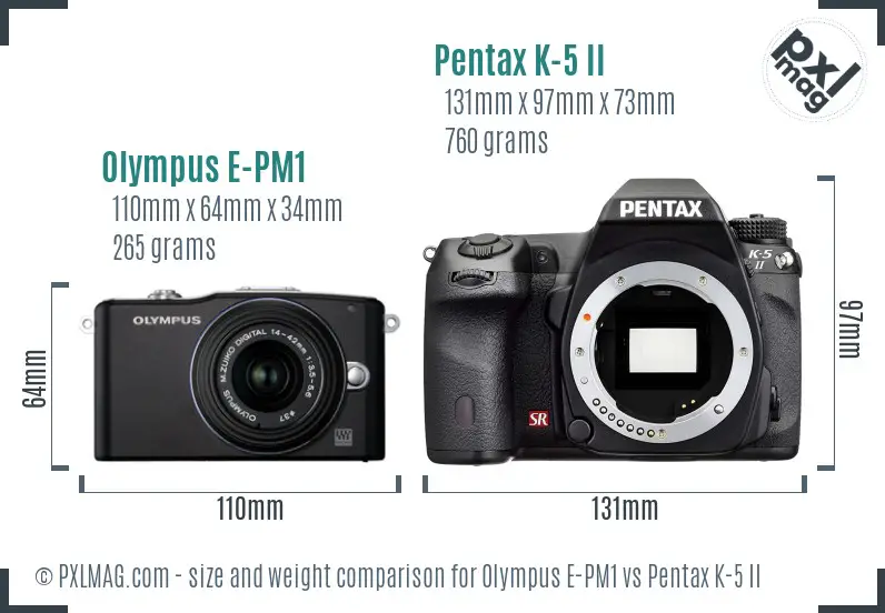 Olympus E-PM1 vs Pentax K-5 II size comparison