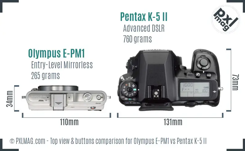 Olympus E-PM1 vs Pentax K-5 II top view buttons comparison