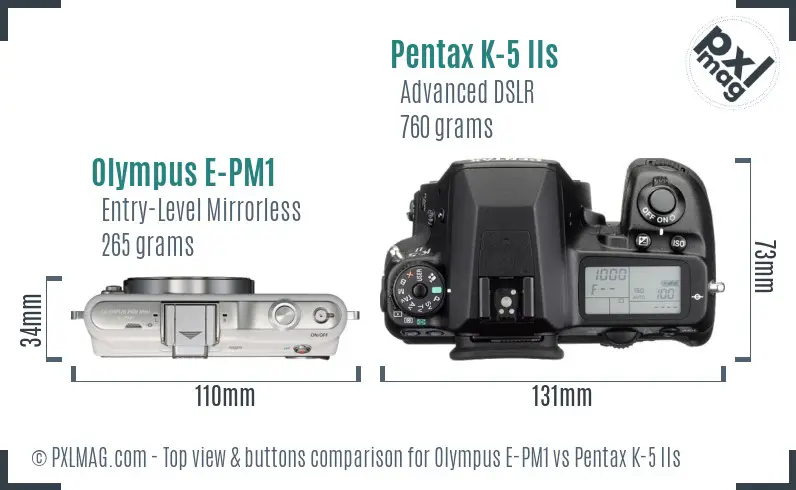 Olympus E-PM1 vs Pentax K-5 IIs top view buttons comparison