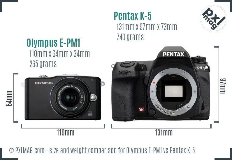 Olympus E-PM1 vs Pentax K-5 size comparison