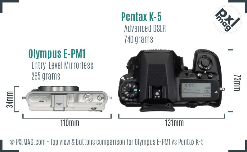 Olympus E-PM1 vs Pentax K-5 top view buttons comparison