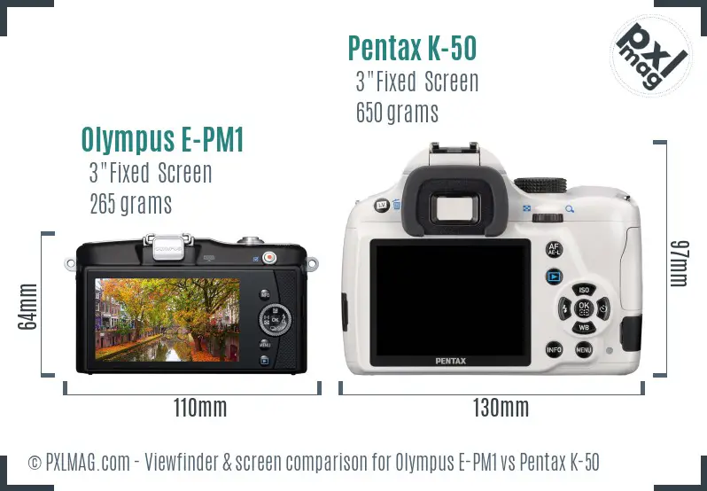 Olympus E-PM1 vs Pentax K-50 Screen and Viewfinder comparison