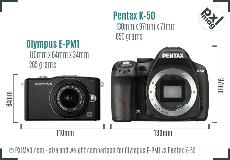 Olympus E-PM1 vs Pentax K-50 size comparison