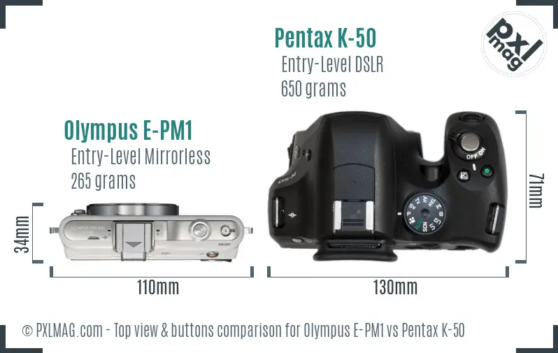 Olympus E-PM1 vs Pentax K-50 top view buttons comparison