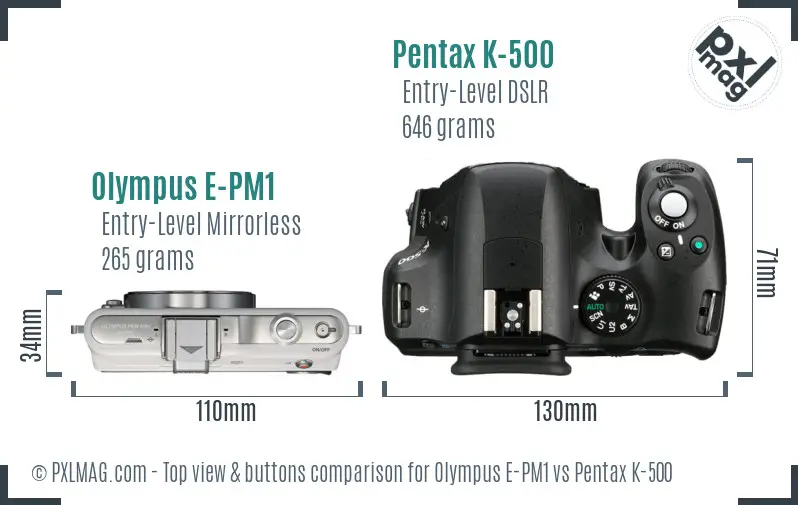 Olympus E-PM1 vs Pentax K-500 top view buttons comparison