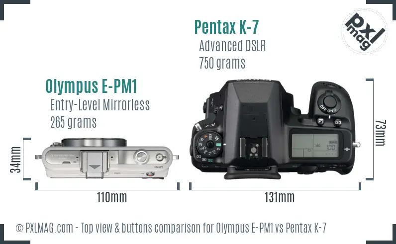 Olympus E-PM1 vs Pentax K-7 top view buttons comparison