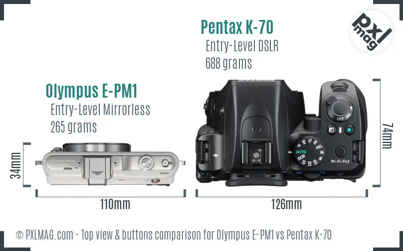 Olympus E-PM1 vs Pentax K-70 top view buttons comparison