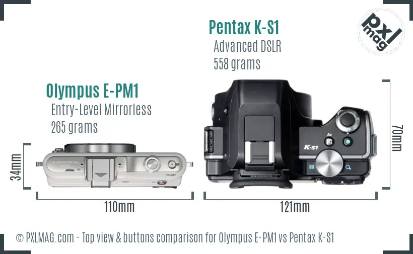 Olympus E-PM1 vs Pentax K-S1 top view buttons comparison