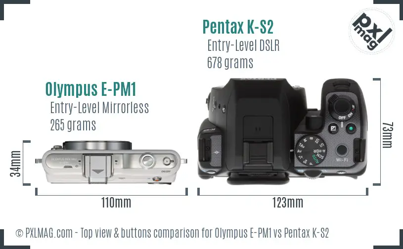 Olympus E-PM1 vs Pentax K-S2 top view buttons comparison