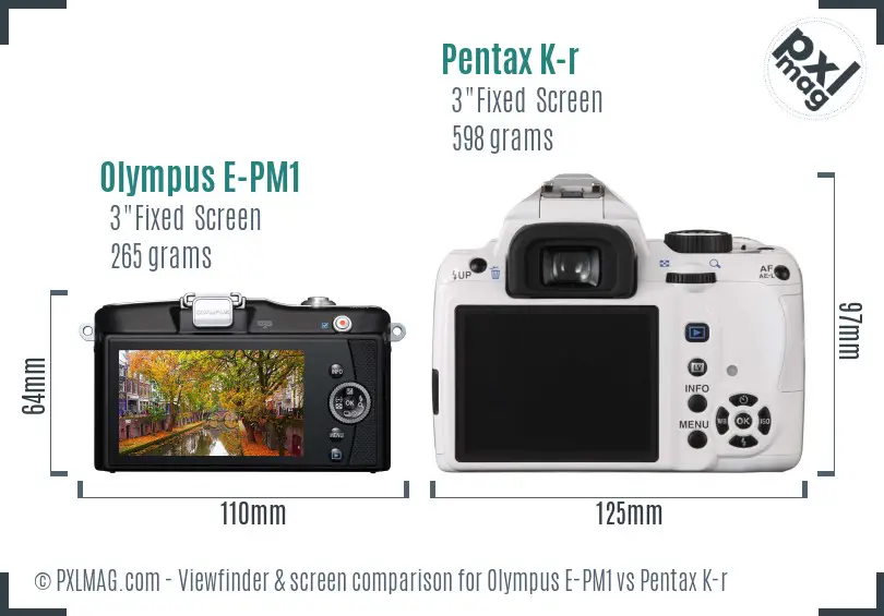 Olympus E-PM1 vs Pentax K-r Screen and Viewfinder comparison