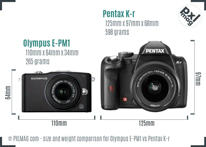 Olympus E-PM1 vs Pentax K-r size comparison