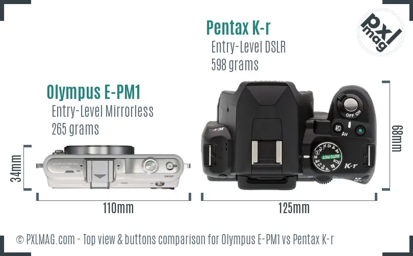 Olympus E-PM1 vs Pentax K-r top view buttons comparison
