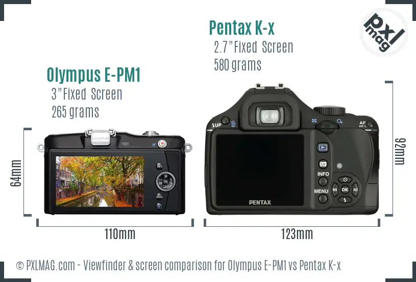 Olympus E-PM1 vs Pentax K-x Screen and Viewfinder comparison