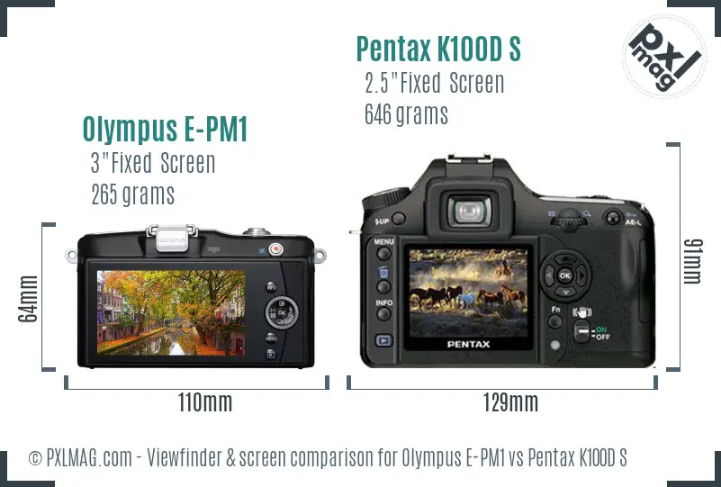 Olympus E-PM1 vs Pentax K100D S Screen and Viewfinder comparison