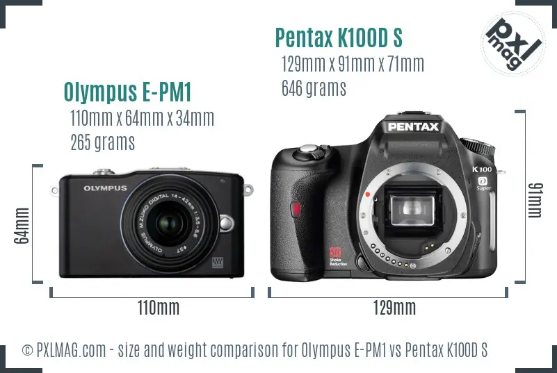 Olympus E-PM1 vs Pentax K100D S size comparison