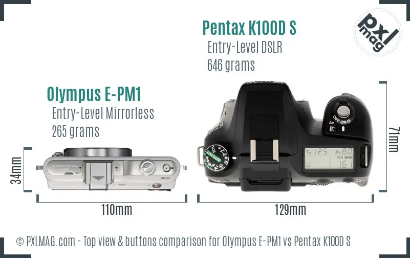 Olympus E-PM1 vs Pentax K100D S top view buttons comparison