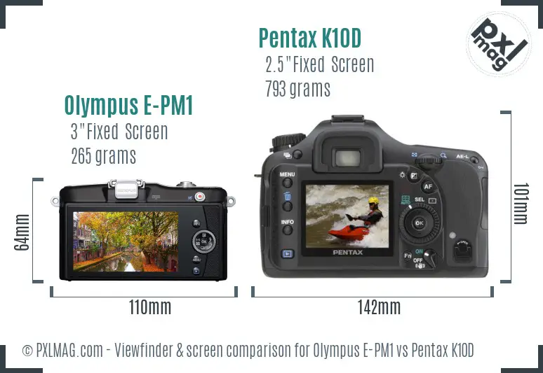 Olympus E-PM1 vs Pentax K10D Screen and Viewfinder comparison