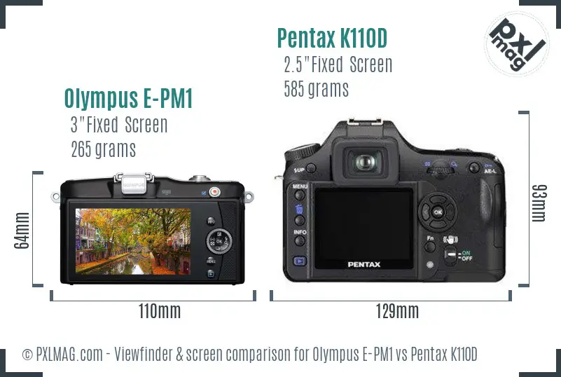 Olympus E-PM1 vs Pentax K110D Screen and Viewfinder comparison