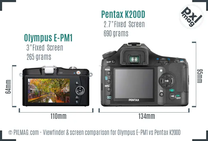 Olympus E-PM1 vs Pentax K200D Screen and Viewfinder comparison