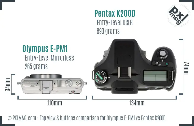 Olympus E-PM1 vs Pentax K200D top view buttons comparison