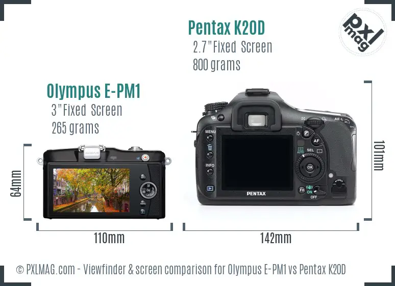 Olympus E-PM1 vs Pentax K20D Screen and Viewfinder comparison