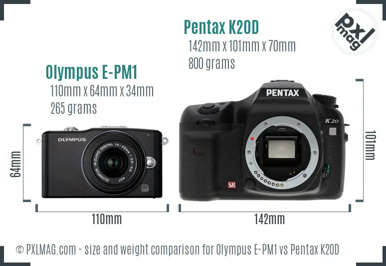 Olympus E-PM1 vs Pentax K20D size comparison
