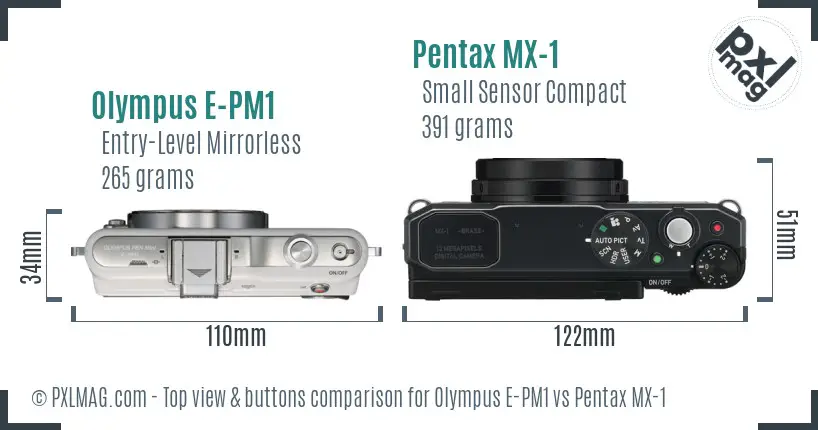 Olympus E-PM1 vs Pentax MX-1 top view buttons comparison