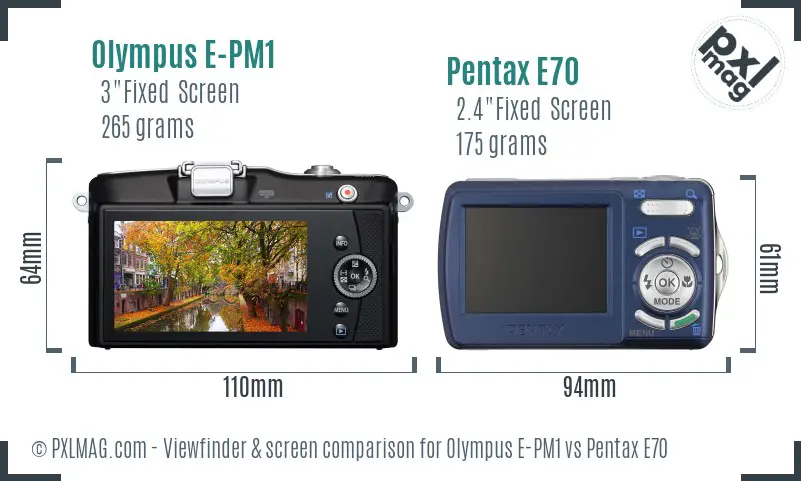 Olympus E-PM1 vs Pentax E70 Screen and Viewfinder comparison
