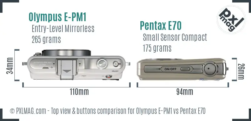 Olympus E-PM1 vs Pentax E70 top view buttons comparison