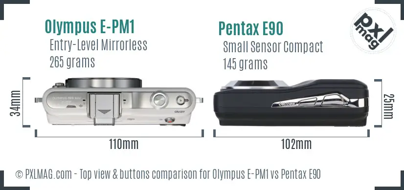 Olympus E-PM1 vs Pentax E90 top view buttons comparison