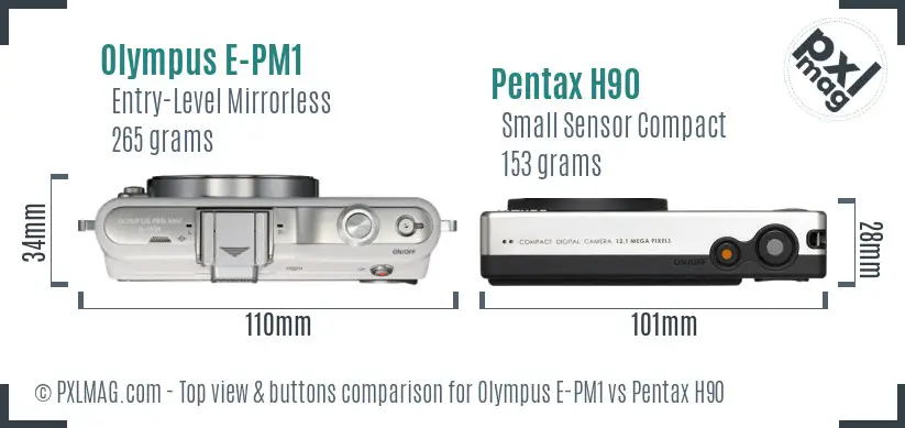 Olympus E-PM1 vs Pentax H90 top view buttons comparison