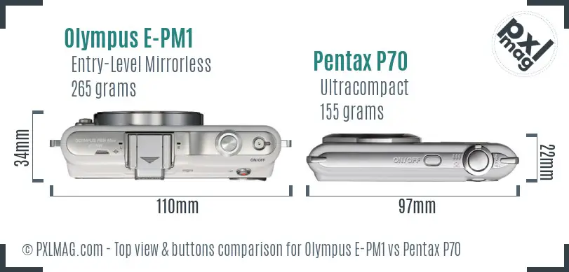 Olympus E-PM1 vs Pentax P70 top view buttons comparison